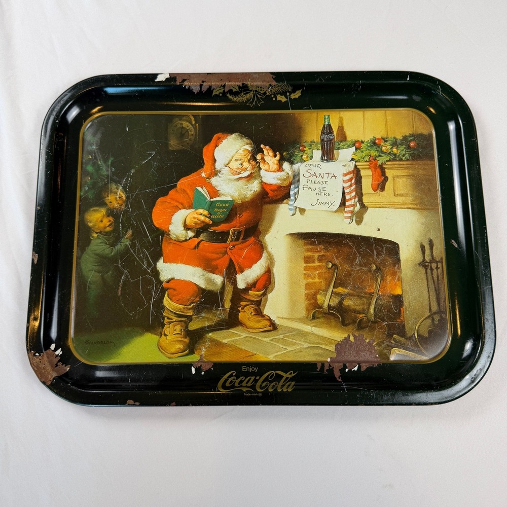 Vintage Coca-Cola Santa Claus Metal Serving Tray Haddon Sundblom Christmas 13in